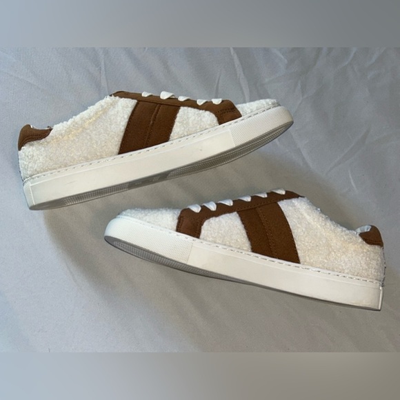 J Crew White Sherpa Brown Striped Suede Road Trip Sneakers Womans Sz 8 - Picture 8 of 15